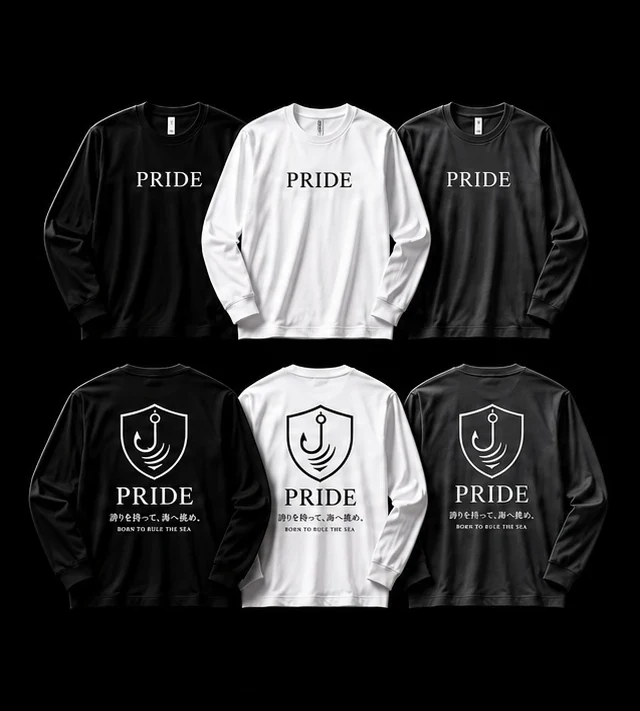 胸元にPRIDEロゴ、背面に紋章とブランドメッセージをあしらったロングスリーブTシャツ